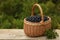Wicker basket with bilberries on wooden table outdoors, space for text