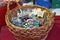 Wicker basket with decorative ceramic magnets with images of the lion