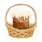 Wicker basket with Easter cakes. Colorful easter illustration, greeting card