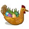 Wicker basket form of chicken bird with set of colorful eastern eggs inlaid with precious stones on white