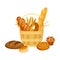 Wicker Basket Full with Bread and Sweet Pastry Vector Composition