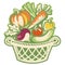 Wicker basket full of fresh harvest vegetables. Vector Retro style Harvest festival graphic illustration isolated on white. Farm
