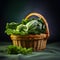 a wicker basket full of lettuce on top of a green tablecloth