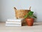 Wicker basket, houseplant pelargonium in terracotta pot, books, ceramic houses, owl and wooden desk