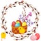 Wicker basket with painted eggs , spring bouquet and yellow chickens in a round frame of flowering willow