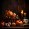 Wicker basket with rowan leaves, colorful days, next to candles corn, wooden boards in the background. Pumpkin as a dish of