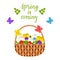Wicker basket with spring and summer flowers, pansies, leaves and butterflies. The words Spring is coming. Bright, botanical color