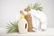 Wicker basket with white linen, clothespins, clothesline, washing gel and fabric softener on a white table with palm branches.