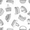 Wicker baskets of different shapes seamless pattern, hand drawing line. Black and white image.Oval basket for a holiday, picnic,