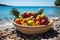 Wicker bowl overflowing with an array of fresh fruit sitting on a beach, AI-generated.