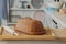 Wicker breadbasket on kitchen table at the photo studio