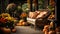 Wicker chair with cushions on the porch decorated with pumpkins.