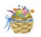 Wicker easter basket with eggs and flowers watercolor