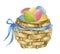 Wicker easter basket with eggs watercolor illustration