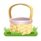 Wicker empty basket on the green grass isolated on white background. Vector illustration.