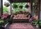Wicker furniture and hanging plants create cozy porch