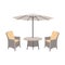 Wicker garden table and chairs with umbrella, flat vector illustration isolated.