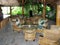 Wicker lobby furniture with Polynesian fabric Bora Bora resort