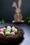 A wicker nest with moss and colored Easter eggs and wooden bunny rabbit and green plant leave on dark background. Happy