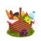Wicker picnic basket full of healthy food. Picnic basket on grass. Bottle of water, apple, pear, cheese, baguette, grapes, tomato