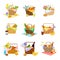 Wicker Picnic Baskets and Hampers Full with Foodstuff Vector Set