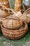 Wicker rattan basket dark brown oval, closeup container for harvesting