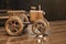 Wicker tractor made from environmental materials standing on a brown table