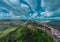 Wide Aerial drone panorama of magnificent village of Motovun in Croatian Istria on a sunny day with cute fluffy clouds. Idyllic