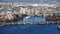 Wide Aerial view of the city of Boston, Massachusetts along the Charles River