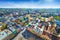 Wide angle aerial view of colourful houses in historical old district of Lviv, Ukraine