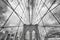 Wide angle black and white picture of Brooklyn Bridge, NYC.