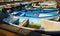 Wide angle of Fishing boats in row order at the Port of Bardolino Italy