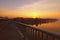 Wide angle landscape panorama of Dnipro River. Magnificent autumn sunrise in Kyiv. Foggy morning landscape