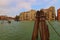 Wide angle landscape view of Grand Canal with turquoise water. Famous wooden Ponte dell`Accademia