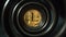 Wide-angle macro view golden Litecoin coins in dark tunnel on reflective black glass surface, cryptocurrency investment