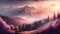 Wide angle panorama autumn forest,misty hills mountain tops in pink dawn