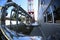 Wide-angle panoramic photo of the newest alternative fuel boiler room with pipes, towers and tanks, on a clear summer day