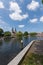 Wide angle photo Oostpoort Delft showing canal