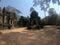 Wide angle picture of outside temple ruins of angkor wat, with pagoda, door and tower, cambodia