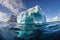 wide-angle shot of a massive iceberg in the process of calving