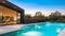 Wide-Angle Shot of Modern House Exterior Pool Side. Mid-Century Architecture Design Idea of Swimming Pool and Landscaping.