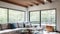 Wide Angle Shot of Modern House Sunroom Living Area with Mid-Century Minimalistic Interior Design and Open Concept Layout.