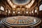 A wide-angle shot of a mosaic podium in a grand hall, with striking symmetry and a unique blend of colors in the mosaic