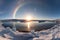 wide-angle shot of sun dogs and arctic icebergs