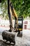 Wide angle threatening view of an excavator