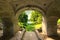 Wide angle view of arched structure of the bridge, bottom view. Brick arches of famous Chinese Bridge