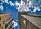 Wide-angle view from below of reflecting high-rise facades in Hafen City