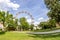 Wide angle view of Big ferris wheel Riesenrad in amusement park and section of the Wiener Prater in Vienna