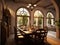 Wide angle view of dining room in Mediterranean style and dining sets, view outside through arched windows. Generative