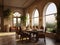 Wide angle view of dining room in Mediterranean style and dining sets, view outside through arched windows. Generative